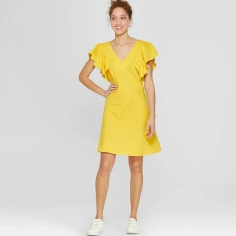 A New Day Yellow Linen Blend Dress Size 2 Flutter Sleeve V Neck Mini Sundress